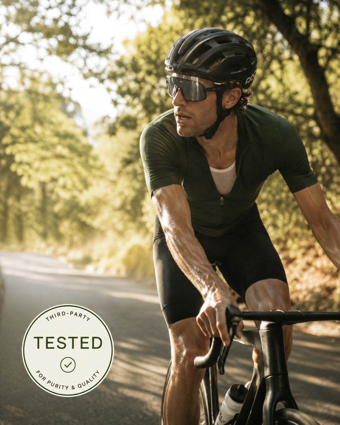 Cyclist on a sunlit road — third-party tested for purity and quality